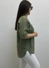 Omuz File Detaylı V Yaka Haki Yeşil Pamuklu Bluz