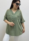 Omuz File Detaylı V Yaka Haki Yeşil Pamuklu Bluz