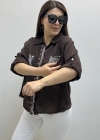 Yakalı Dirsek Kol Pul Payet İşlemeli Kahverengi İthal Keten Gömlek