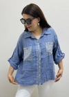 Yakalı Dirsek Kol Pul Payet İşlemeli Mavi İthal Keten Gömlek