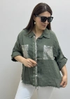 Yakalı Dirsek Kol Pul Payet İşlemeli Haki Yeşil İthal Keten Gömlek