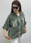 Yakalı Dirsek Kol Pul Payet İşlemeli Haki Yeşil İthal Keten Gömlek