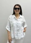 Yakalı Dirsek Kol Pul Payet İşlemeli Beyaz Renk İthal Keten Gömlek