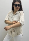 Çiçek Desenli Pul Payet İşlemeli Bej Rengi İthal Gömlek