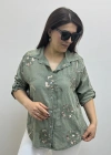 Çiçek Desenli Pul Payet İşlemeli Haki Yeşil İthal Gömlek