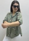 Çiçek Desenli Pul Payet İşlemeli Haki Yeşil İthal Gömlek