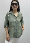 Çiçek Desenli Pul Payet İşlemeli Haki Yeşil İthal Gömlek