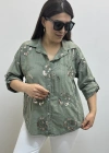 Çiçek Desenli Pul Payet İşlemeli Haki Yeşil İthal Gömlek