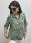 Çiçek Desenli Pul Payet İşlemeli Haki Yeşil İthal Gömlek
