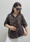 Çiçek Desenli Pul Payet İşlemeli Kahverengi İthal Gömlek