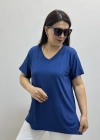 İki Yandan Yırtmaçlı V Yaka İndigo Mavi Basic Tişört