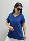 İki Yandan Yırtmaçlı V Yaka İndigo Mavi Basic Tişört