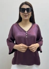 V Yaka Düğme Detaylı Mürdüm Rengi Saten İthal Bluz