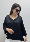 V Yaka Düğme Detaylı Siyah Saten İthal Bluz