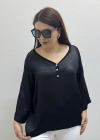 V Yaka Düğme Detaylı Siyah Saten İthal Bluz