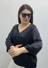 V Yaka Düğme Detaylı Siyah Saten İthal Bluz