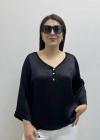 V Yaka Düğme Detaylı Siyah Saten İthal Bluz