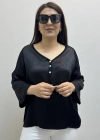 V Yaka Düğme Detaylı Siyah Saten İthal Bluz