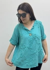 Kabartma Desenli Turkuaz Rengi Müslin Bluz