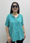 Kabartma Desenli Turkuaz Rengi Müslin Bluz