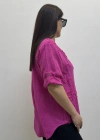 Kabartma Desenli Pembe Renk Müslin Bluz
