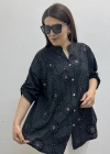 Nakışlı Çiçek Desenli Pul Payet İşlemeli Hakim Yaka Siyah İthal Gömlek