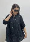 Nakışlı Çiçek Desenli Pul Payet İşlemeli Hakim Yaka Siyah İthal Gömlek