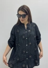 Nakışlı Çiçek Desenli Pul Payet İşlemeli Hakim Yaka Siyah İthal Gömlek