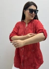 Nakışlı Çiçek Desenli Pul Payet İşlemeli Hakim Yaka Kırmızı İthal Gömlek