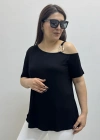 Omuz Aksesuarlı Kısa Kol Düşük Omuz Siyah Bluz
