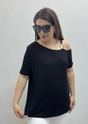 Omuz Aksesuarlı Kısa Kol Düşük Omuz Siyah Bluz