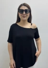 Omuz Aksesuarlı Kısa Kol Düşük Omuz Siyah Bluz