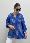 Yaprak Desenli Hakim Yaka Saks Mavi İthal Gömlek