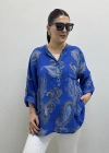 Yaprak Desenli Hakim Yaka Saks Mavi İthal Gömlek