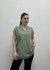 Omuz File Detaylı File Cepli Haki Yeşil Pamuklu Bluz