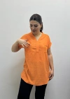 Omuz File Detaylı File Cepli Turuncu Pamuklu Bluz
