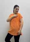 Omuz File Detaylı File Cepli Turuncu Pamuklu Bluz