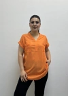 Omuz File Detaylı File Cepli Turuncu Pamuklu Bluz