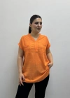 Omuz File Detaylı File Cepli Turuncu Pamuklu Bluz