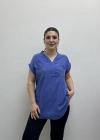Omuz File Detaylı File Cepli Saks Mavi Pamuklu Bluz