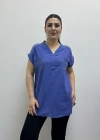 Omuz File Detaylı File Cepli Saks Mavi Pamuklu Bluz