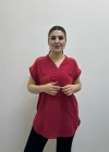 Omuz File Detaylı File Cepli Kırmızı Pamuklu Bluz