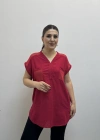 Omuz File Detaylı File Cepli Kırmızı Pamuklu Bluz