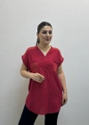 Omuz File Detaylı File Cepli Kırmızı Pamuklu Bluz