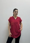 Omuz File Detaylı File Cepli Kırmızı Pamuklu Bluz