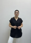Omuz File Detaylı File Cepli Siyah Renk Pamuklu Bluz