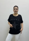 Kısa Kol Fileli Yıldız Desenli Siyah Bluz