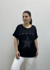 Kısa Kol Fileli Yıldız Desenli Siyah Bluz