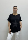 Kısa Kol Fileli Yıldız Desenli Siyah Bluz
