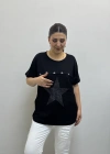 Kısa Kol Fileli Yıldız Desenli Siyah Bluz